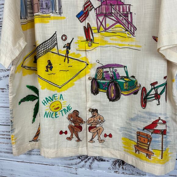 Men's ASOS Designs Button Up Beach Sports Summer Print Cream Button Up Shirt XL - Picture 3 of 6